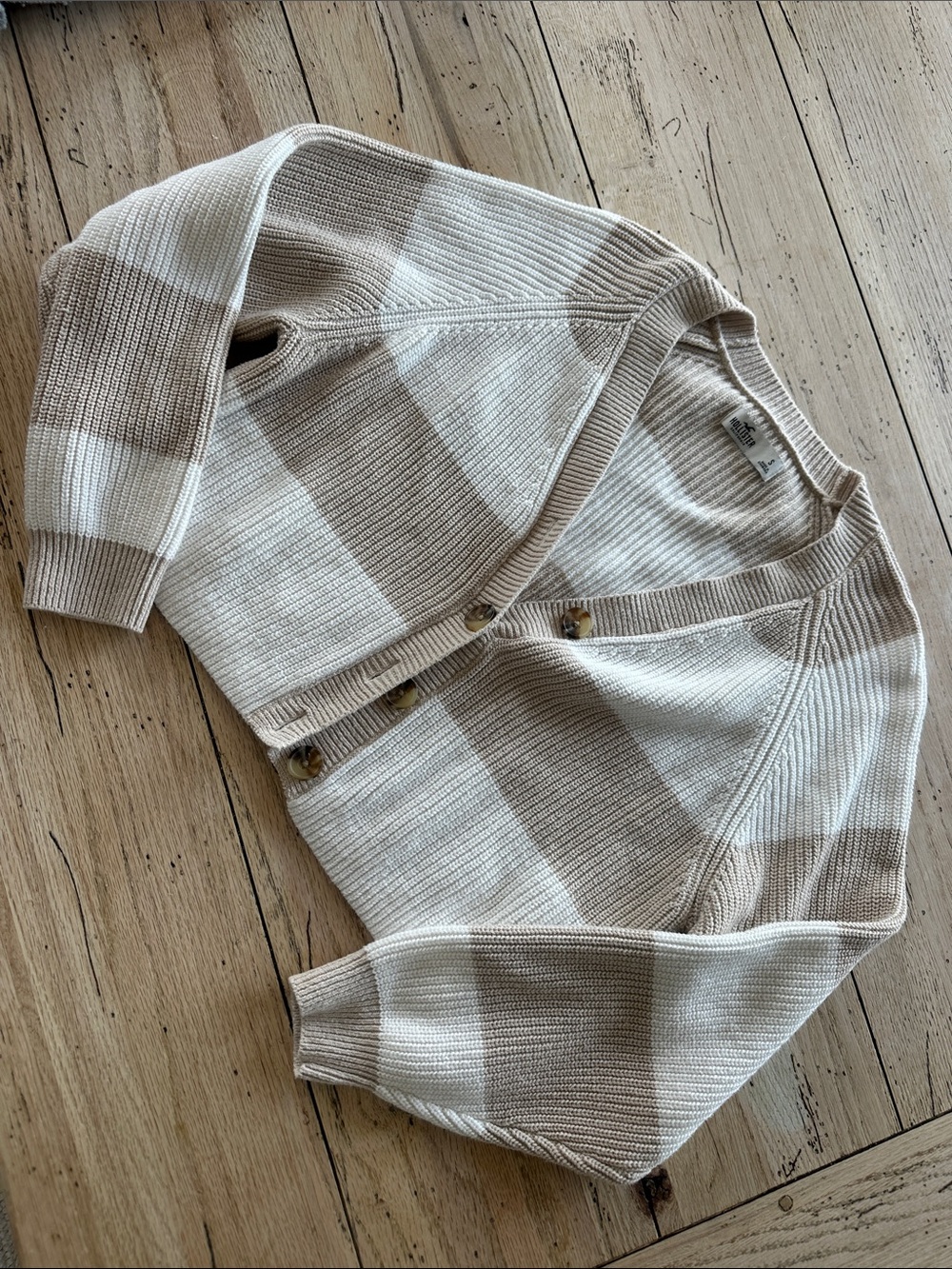 Hollister Striped V-Neck Button Cardigan - Cream & Tan